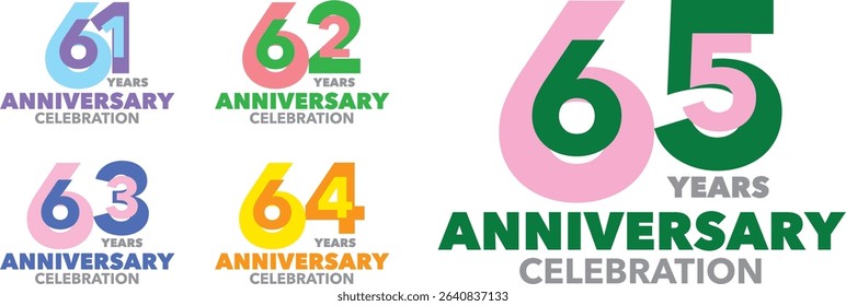 set of various color number 61 62 63 64 65 and the words YEARS ANNIVERSARY celebration at the bottom.