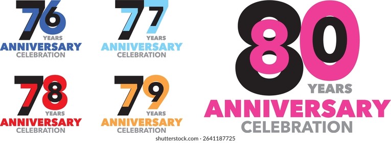 set of various color number 76 77 78 79 80 and the words YEARS ANNIVERSARY celebration at the bottom.
