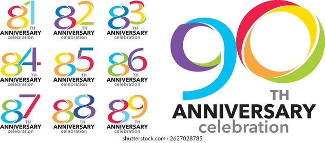 set of various color number 81 82 83 84 85 86 87 88 89 and 90 with words TH ANNIVERSARY celebration at the bottom.
