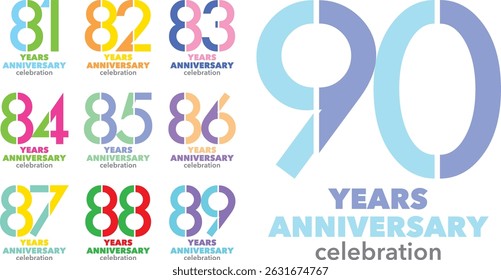 conjunto de várias cores número 81 82 83 84 85 86 87 88 89 90 com palavras ANIVERSÁRIO ANOS celebração na parte inferior.