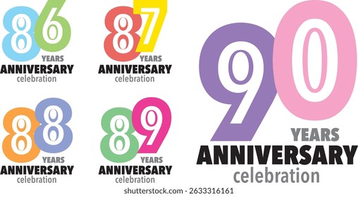 conjunto de várias cores número 86 87 88 89 90 com palavras ANIVERSÁRIO de anos celebração na parte inferior sobre fundo branco.