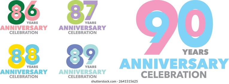 set of various color number 86 87 88 89 90 and the words YEARS ANNIVERSARY celebration at the bottom.