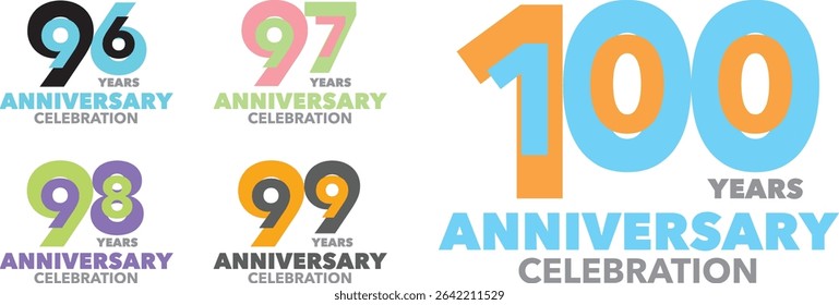 set of various color number 96 97 98 99 100 and the words YEARS ANNIVERSARY celebration at the bottom.