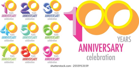 set of various color shadow number 10 20 30 40 50 60 70 80 90 and 100 with words years anniversary celebration in the bottom, isolated on white background.