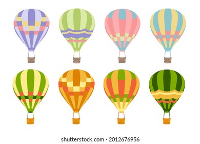 Set various colored balloons in flat style on white background. The collection of hot air balloon. Cartoon style. Isolated object. Design concept, template, element.