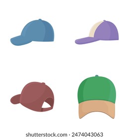 Set of various colored baseball caps in a flat design, isolated on white background