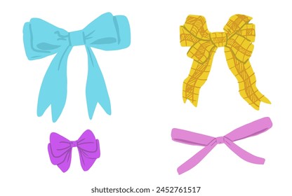 Set of various colored  bow knots, tie ups, gift bows. Hand drawn Vector illustration.