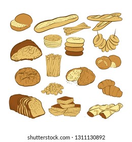 set of various colored breads, hand-drawn vector illustration
