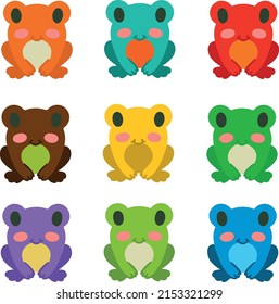 Set of various colored frogs. Multicolored exotic frogs. Collection of frogs isolated on white background. Vector illustration. Design element for sites menu banners brochure posters postcards.