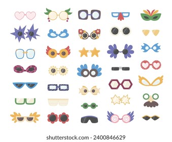 Set of various colored glasses and sunglasses