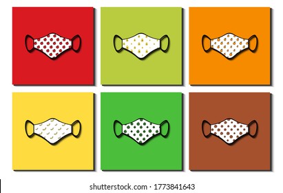 Set of various colored polka dots mouth mask. Different fruit pattern. Apple, Avocado, Banana, Coconut, Orange, Watermelon. Mouth Mask Collection. Flat design. Vector Illustration.