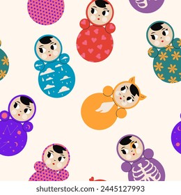 Set of various colored Roly-Poly, tumbler doll. Seamless pattern. Trendy vector illustration.