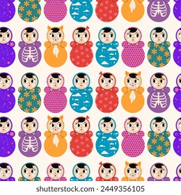 Set of various colored Roly-Poly, tumbler doll. Square seamless pattern. Vector illustration.