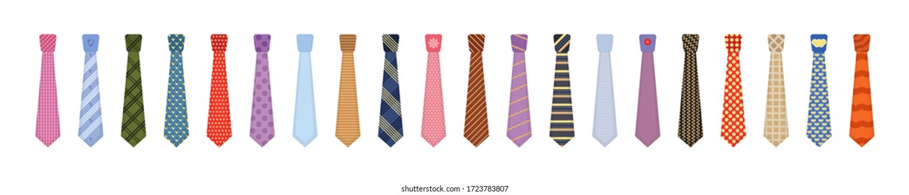 Set of various colored ties isolated on white background. Men accessories ties fashioned. Big colored set neckties different types. Collection men icons. Vector illustration, eps 10.