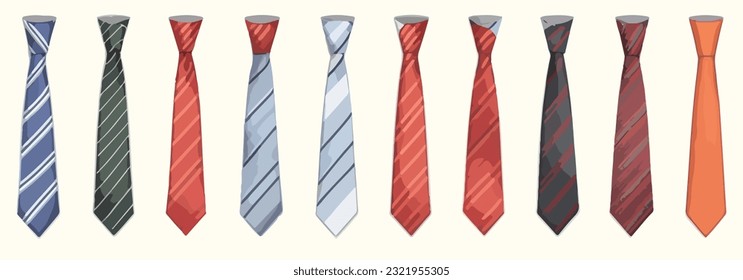 Set of various colored ties isolated on white background. Men accessories ties fashioned. Big colored set neckties different types. Collection men icons. Vector illustration, eps 10.
