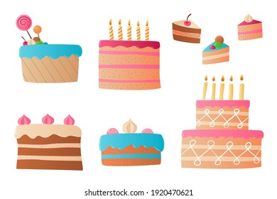 A set of various colored volumetric cakes. Isolated objects on a white.