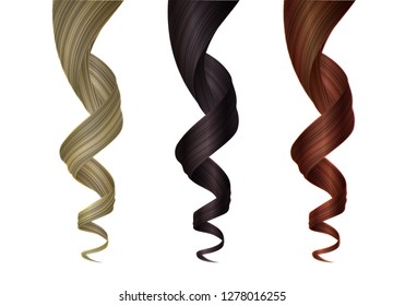 Set of Various Colored Wavy Strands of Hair. Vector Realistic 3d Illustration. Design Element for Hairdressers, Beauty Salons, Hair Care Cosmetics, Shampoo, Conditioner or Hair Dye Packaging