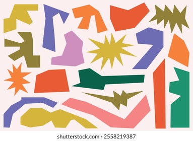 Set of various colorful abstract angular flat vector shapes with paper cut aesthetics