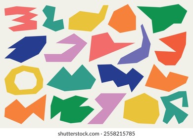 Set of various colorful abstract funky shapes with paper cut aesthetics