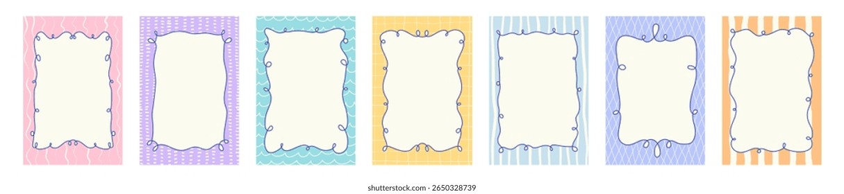 Set of various colorful backgrounds with curly whimsical frames. Hand drawn flat vector style. Italian summer vibe. Perfect for card, poster, social media, banner, invitation.