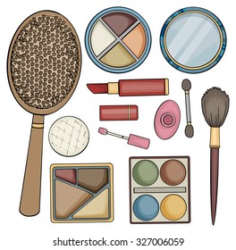 set of various colorful beauty items, isolated on white, vector illustration