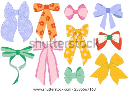 Set of various colorful bow designs in different shapes and ornament. Perfect for spring decoration, celebrations, weddings, and party designs. Flat vector illustration. Hand drawn style.