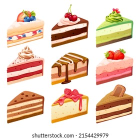 Set of various colorful cake slices cartoon illustration