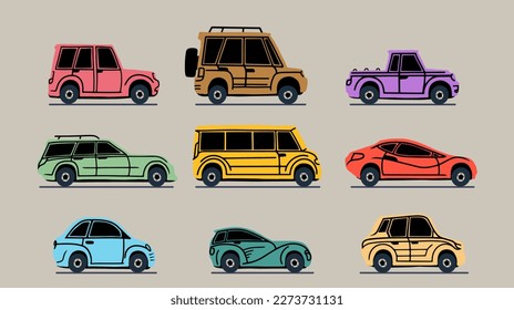 Set of various colorful cars or vehicles. Automobiles- sedan, SUV, pickup, coupe, hatchback, retro car. Design motor transport concept. Hand drawn trendy every car is isolated. Vector illustration.