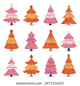 Set of various colorful Christmas pine tree illustration template for greeting card, invitation, banner, web. Winter holiday. Icons collection.