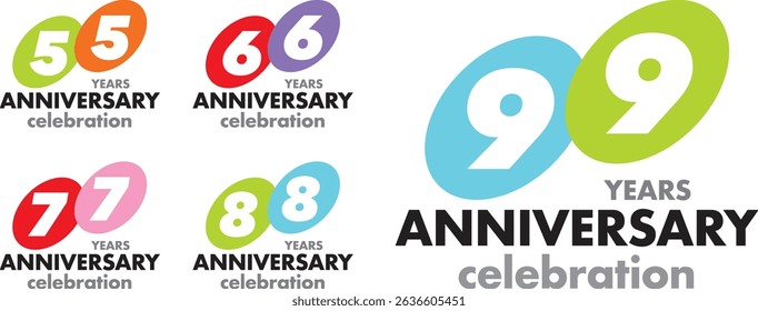 conjunto de vários coloridos de forma de círculo com o número interno 55 66 77 88 99 e as palavras ANIVERSÁRIO DE ANOS celebração na parte inferior.