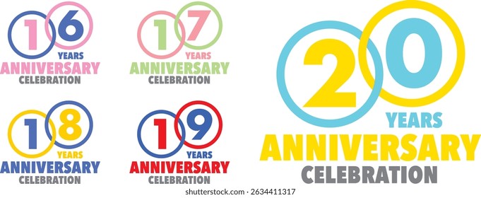 conjunto de vários traço círculo colorido com o número interno 16 17 18 19 20 e as palavras ANIVERSÁRIO DE ANOS celebração na parte inferior.