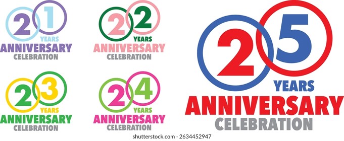 set of various colorful circle stroke with inside number 21 22 23 24 25 and the words YEARS ANNIVERSARY celebration at the bottom.
