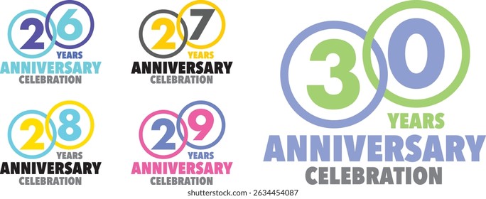 set of various colorful circle stroke with inside number 26 27 28 29 30 and the words YEARS ANNIVERSARY celebration at the bottom.