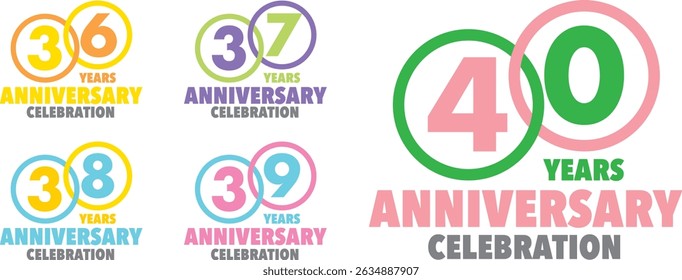 conjunto de vários traço círculo colorido com o número interno 36 37 38 39 40 e as palavras ANIVERSÁRIO DE ANOS celebração na parte inferior.