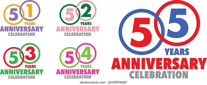 set of various colorful circle stroke with inside number 51 52 53 54 55 and the words YEARS ANNIVERSARY celebration at the bottom.