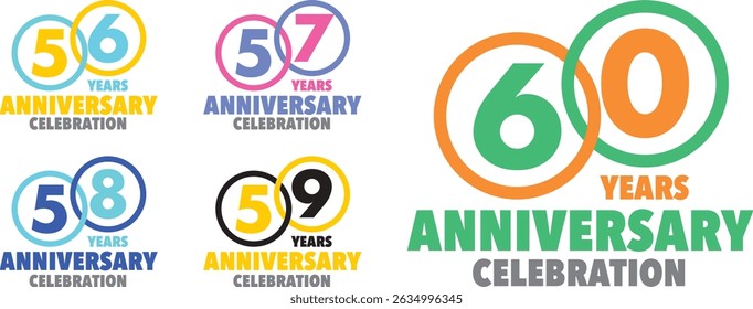 set of various colorful circle stroke with inside number 56 57 58 59 60 and the words YEARS ANNIVERSARY celebration at the bottom.
