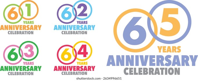 set of various colorful circle stroke with inside number 61 62 63 64 65 and the words YEARS ANNIVERSARY celebration at the bottom.