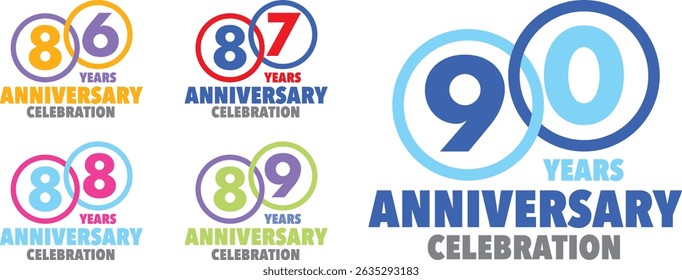 conjunto de vários traço círculo colorido com o número interno 86 87 88 89 90 e as palavras ANIVERSÁRIO DE ANOS celebração na parte inferior.