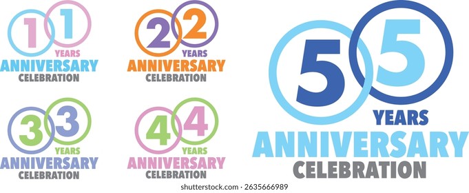 conjunto de varios trazos de círculo de colores con el número interior 11 22 33 44 55 y las palabras celebración del ANIVERSARIO DE AÑOS en la parte inferior.