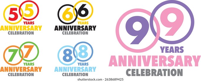 set of various colorful circle stroke with inside number 55 66 77 88 99 and the words YEARS ANNIVERSARY celebration at the bottom.