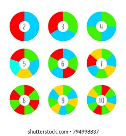 Set of various colorful circular pie charts with 2,3,4,5,6,7,8,9, 10 slices. Graphic data representation. Vector illustration for your graphic design.
