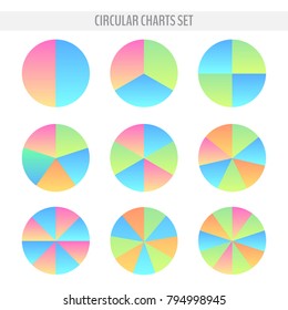 Set of various colorful circular pie charts with 2,3,4,5,6,7,8,9, 10 slices. Graphic data representation. Vector illustration for your graphic design.