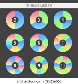 Set of various colorful circular pie charts with 2,3,4,5,6,7,8,9, 10 slices. Graphic data representation. Vector illustration for your graphic design.