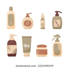Set of various colorful cosmetic bottles, jars and tubes with herbal decoration on labels. Eco-friendly cream, lotion, shampoo, soap, foam, shower gel clipart for design. Isolated on white background.