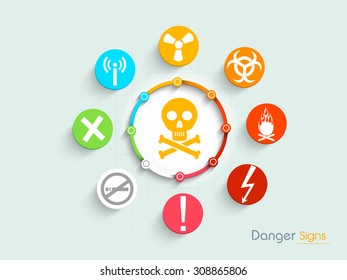 Set of various colorful danger signs and symbols on shiny background.