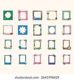 Set of various colorful, decorative photo frames. Each frame features different patterns, shapes, and elements such as flowers, rainbows, and other whimsical designs