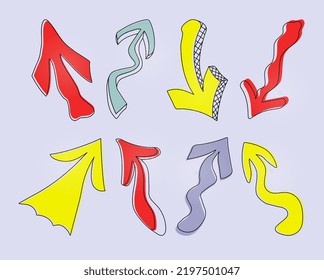 Set von verschiedenen farbenfrohen doodle Pfeilen im Pop-Art-Stil. Handgezeichnete Pfeilelemente für Design. 