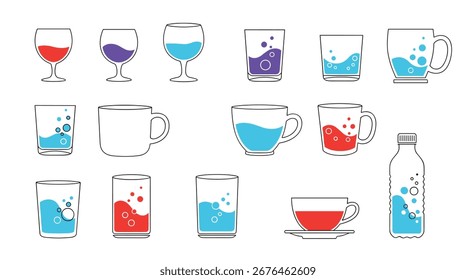 Conjunto de várias bebidas coloridas em diferentes vidros e canecas ilustração