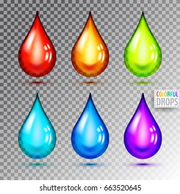 Set of various colorful drops of liquid. Vector set of bright drops isolated on transparent background.