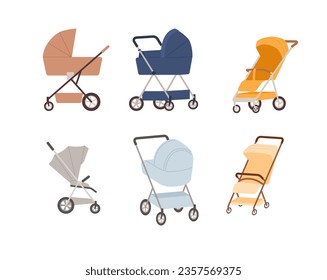 Set of various colorful empty baby carriages flat style, vector illustration isolated on white background. Decorative design elements collection, transportation, pram stroller